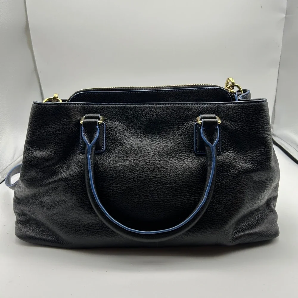 Vera Bradley Satchel Bag Womens Large Black Blue Excellent Leather‎ Crossbody